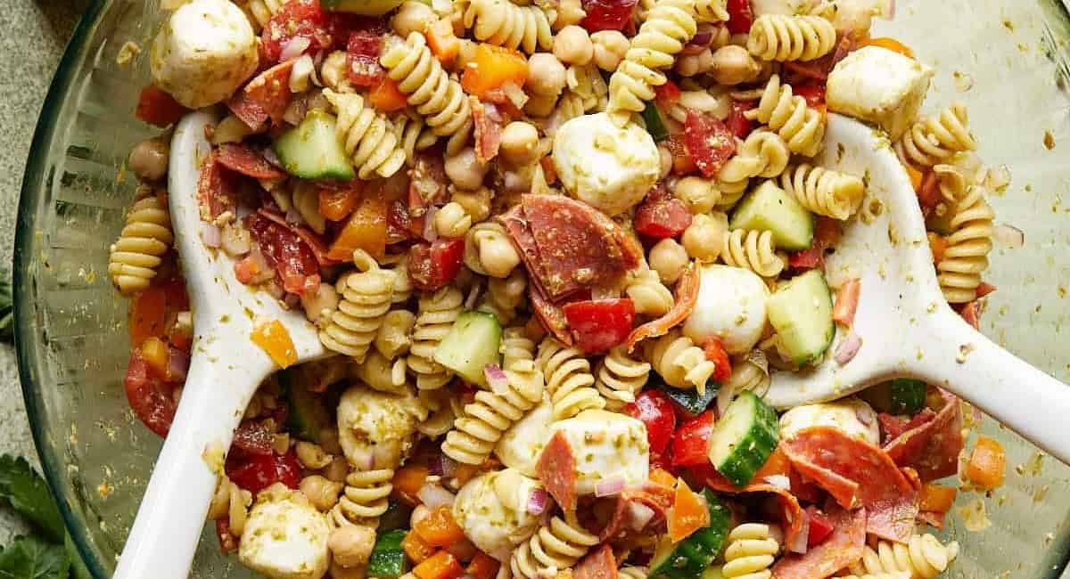 Overhead image of healthy Italian pasta salad.