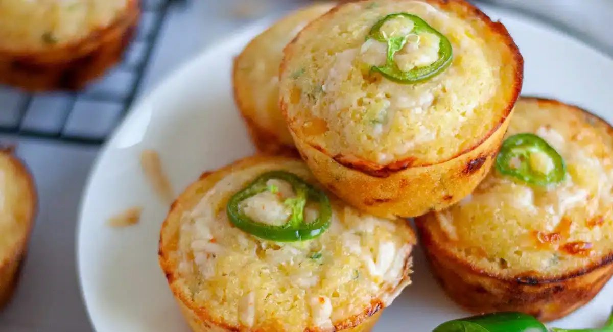 Up close image of jalapeno cheddar cornbread muffins on white dish.