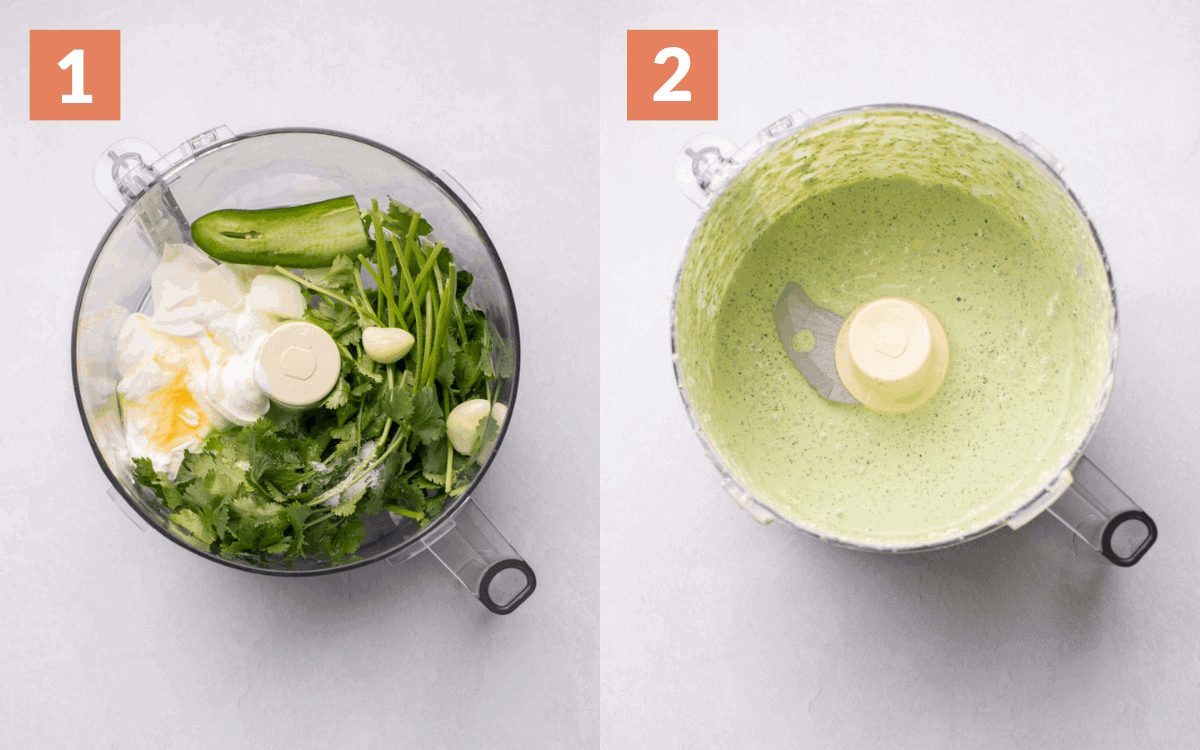 Jalapeño lime crema ingredients in a food processor before and after blending until smooth.