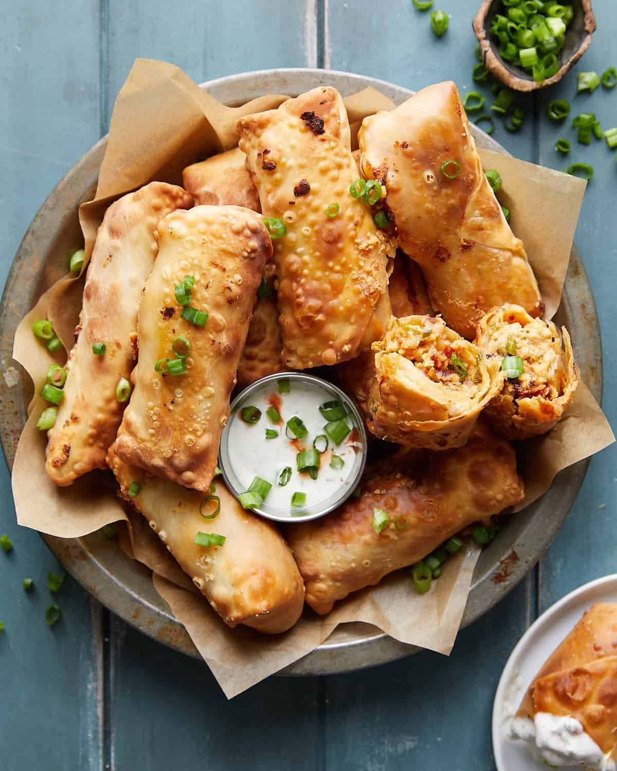 Overhead image of jalapeno popper egg rolls.