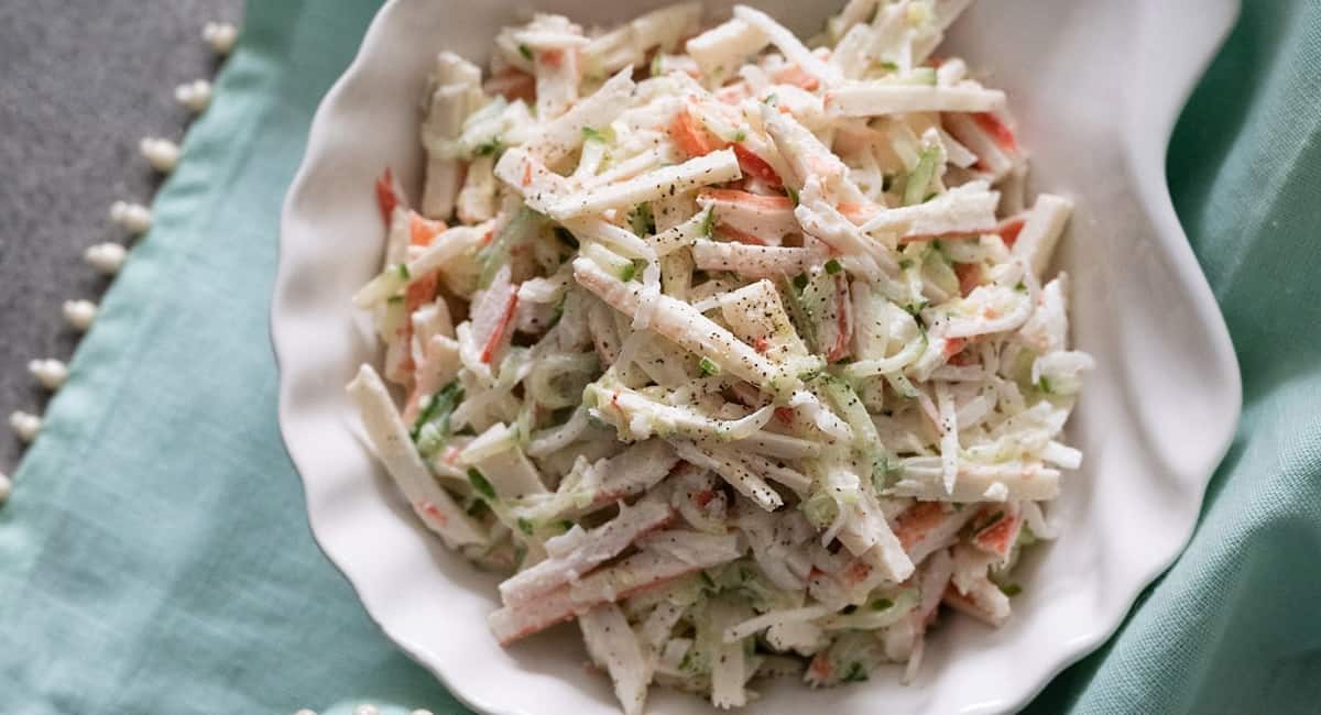 Overhead image of Japanese crab salad.