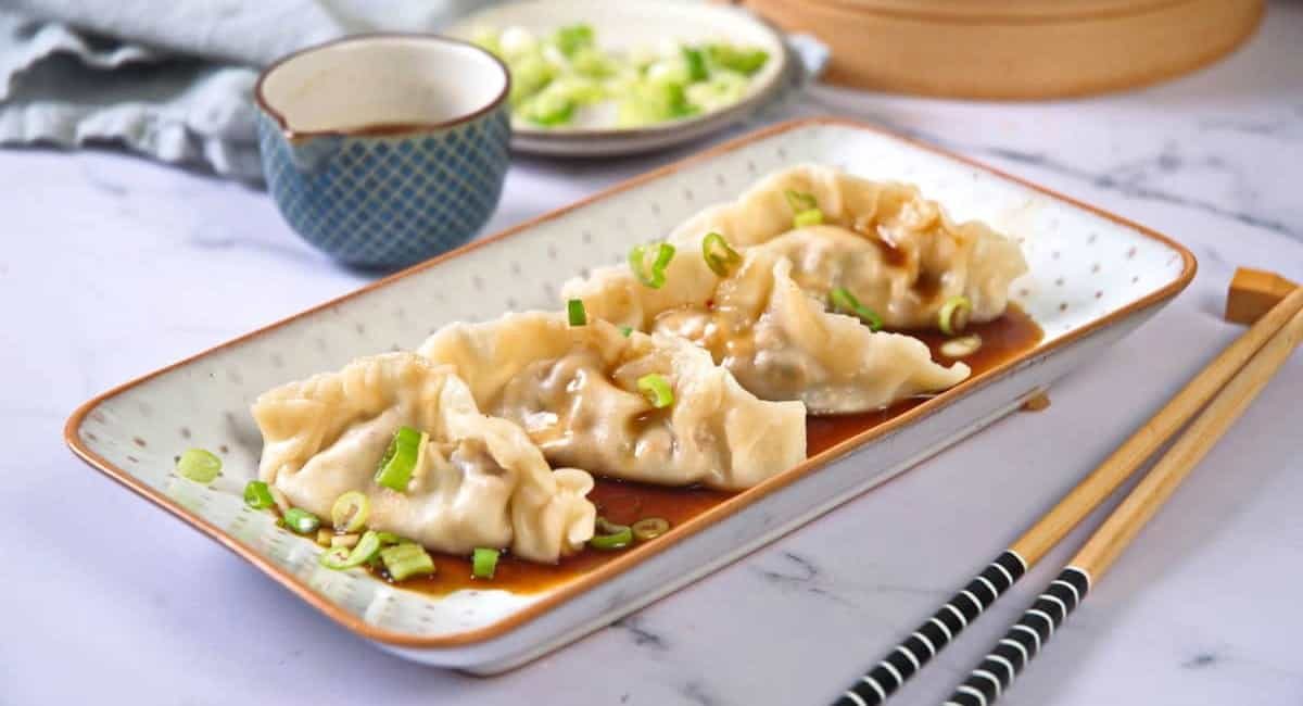 Overhead image of kimchi dumplings.