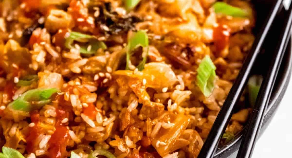 Overhead image of bbq pork kimchi fried rice.