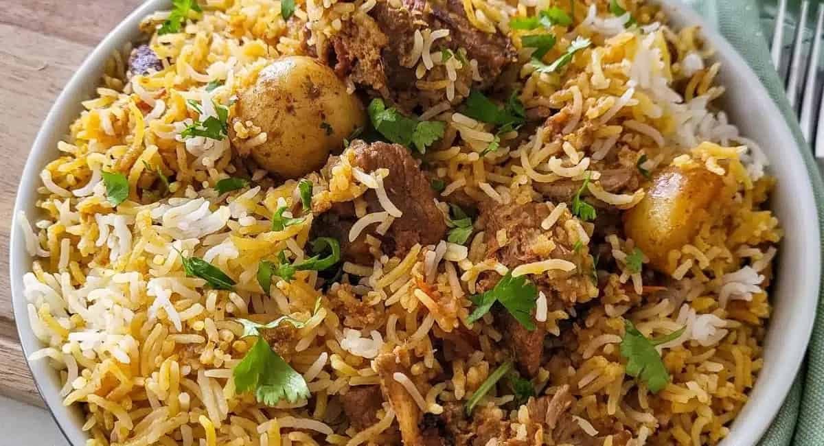 Overhead image of lamb biryani.