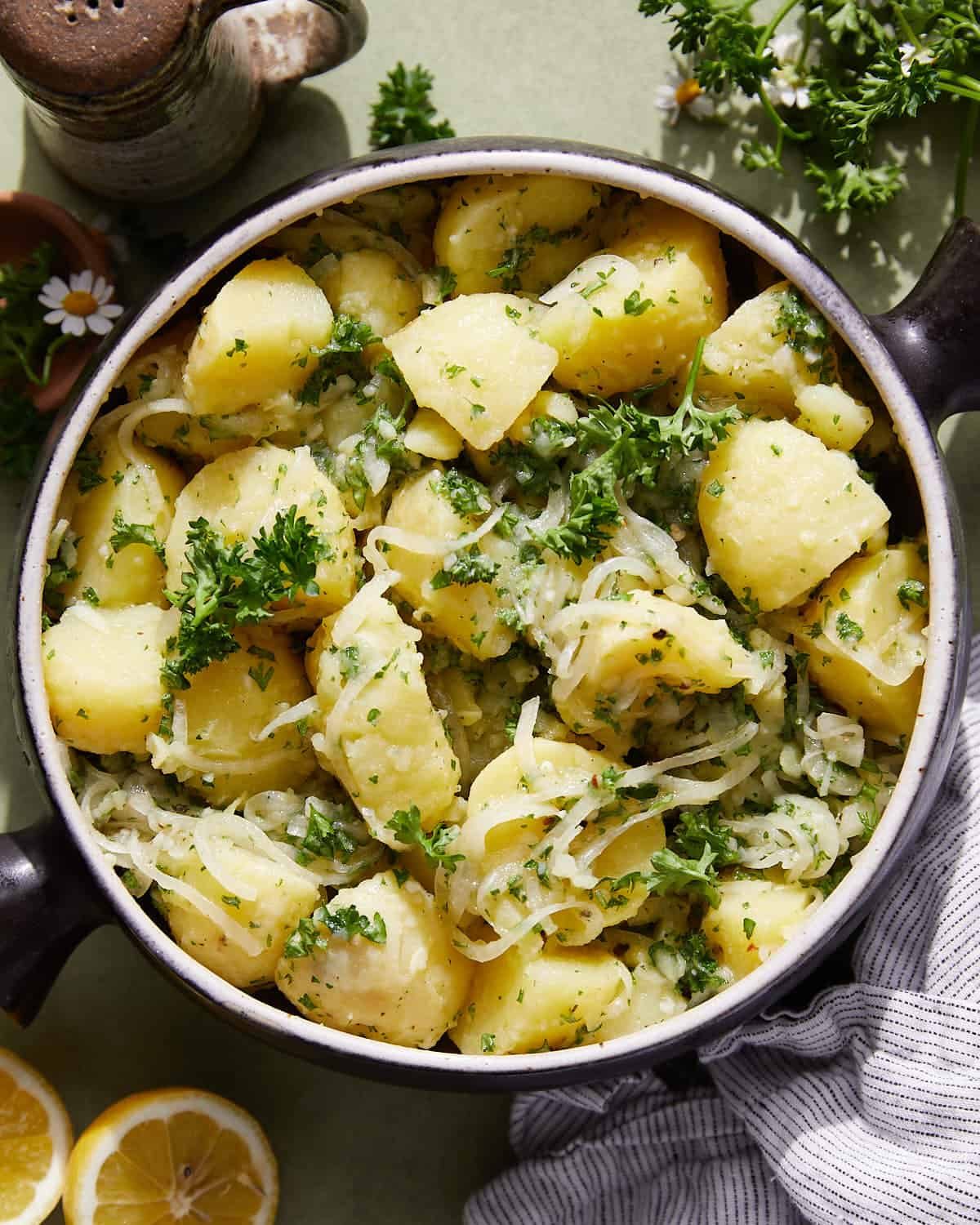 Overhead image of lebanese potato salad