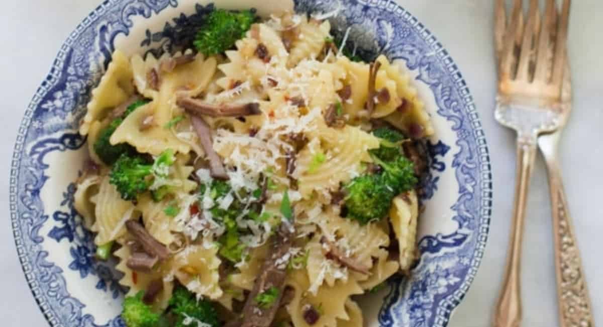 Overhead image of leftover roast beef pasta recipe.