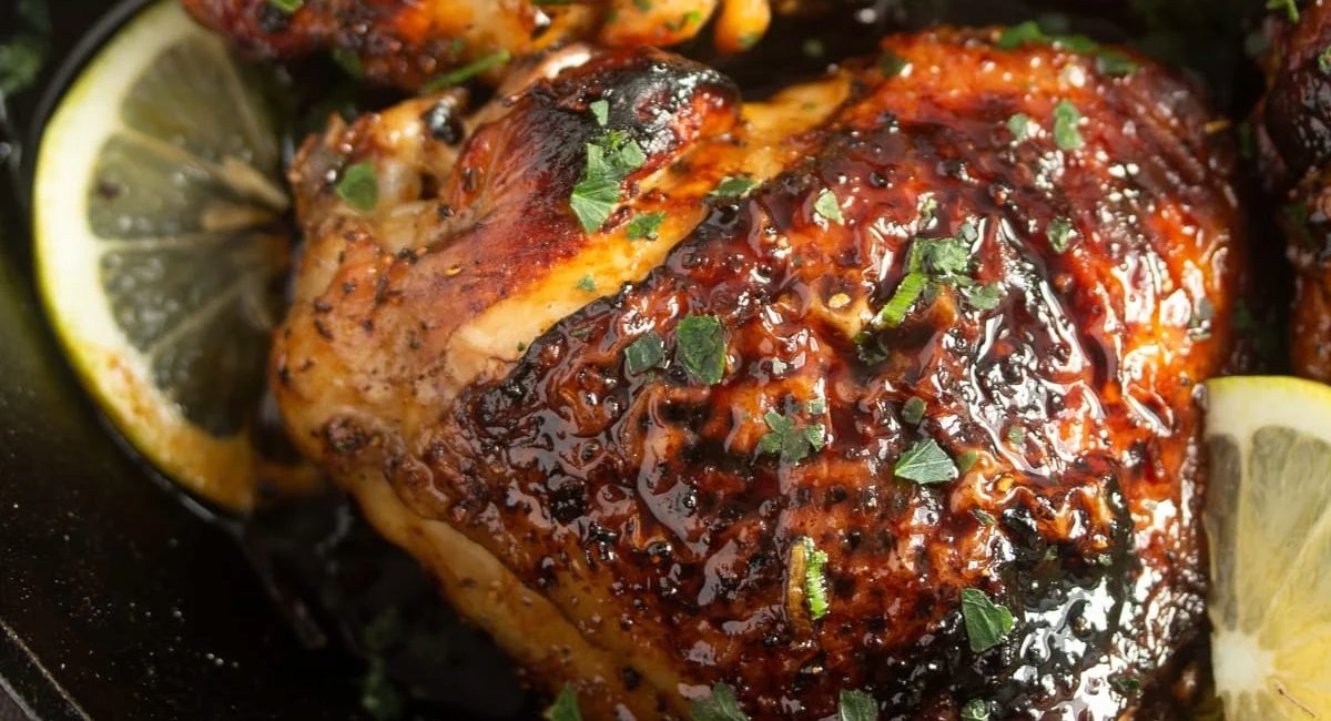 Up close image of honey garlic lemon pepper chicken thights with garnish.