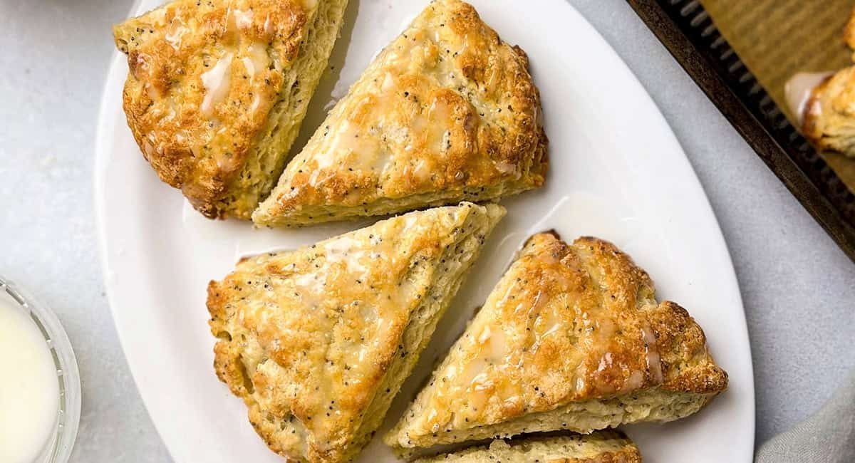 Overhead image of lemon poppyseed scones.