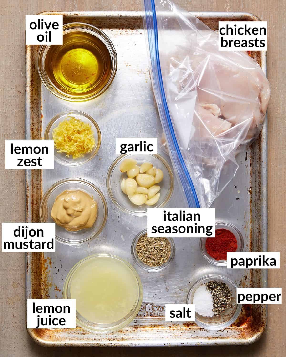 Overhead picture of ingredients needed for lemon chicken marinade.