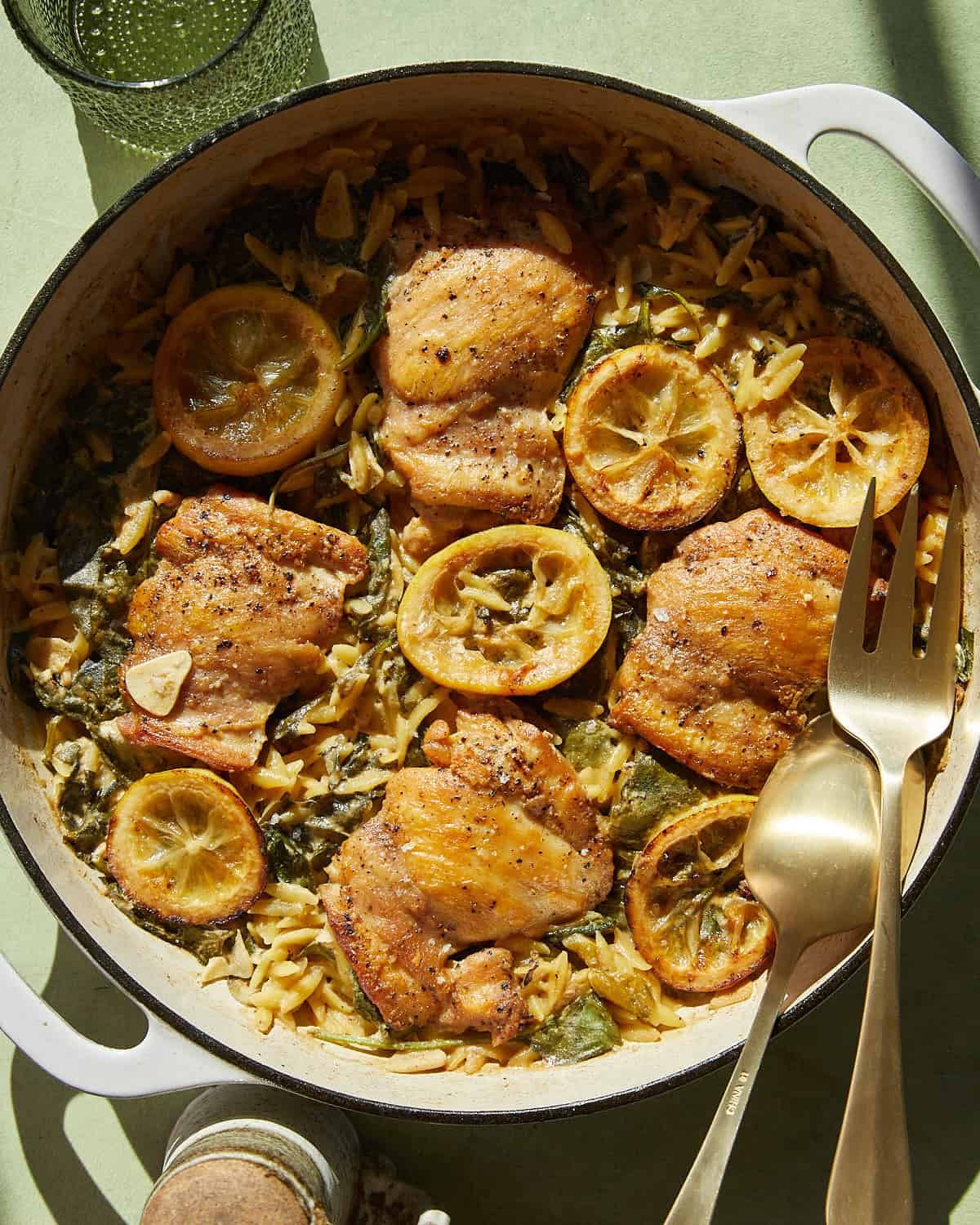 Overhead image of lemon chicken and orzo.