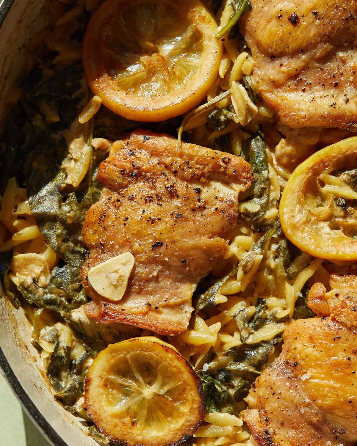 Up close image of lemon chicken and orzo pasta.