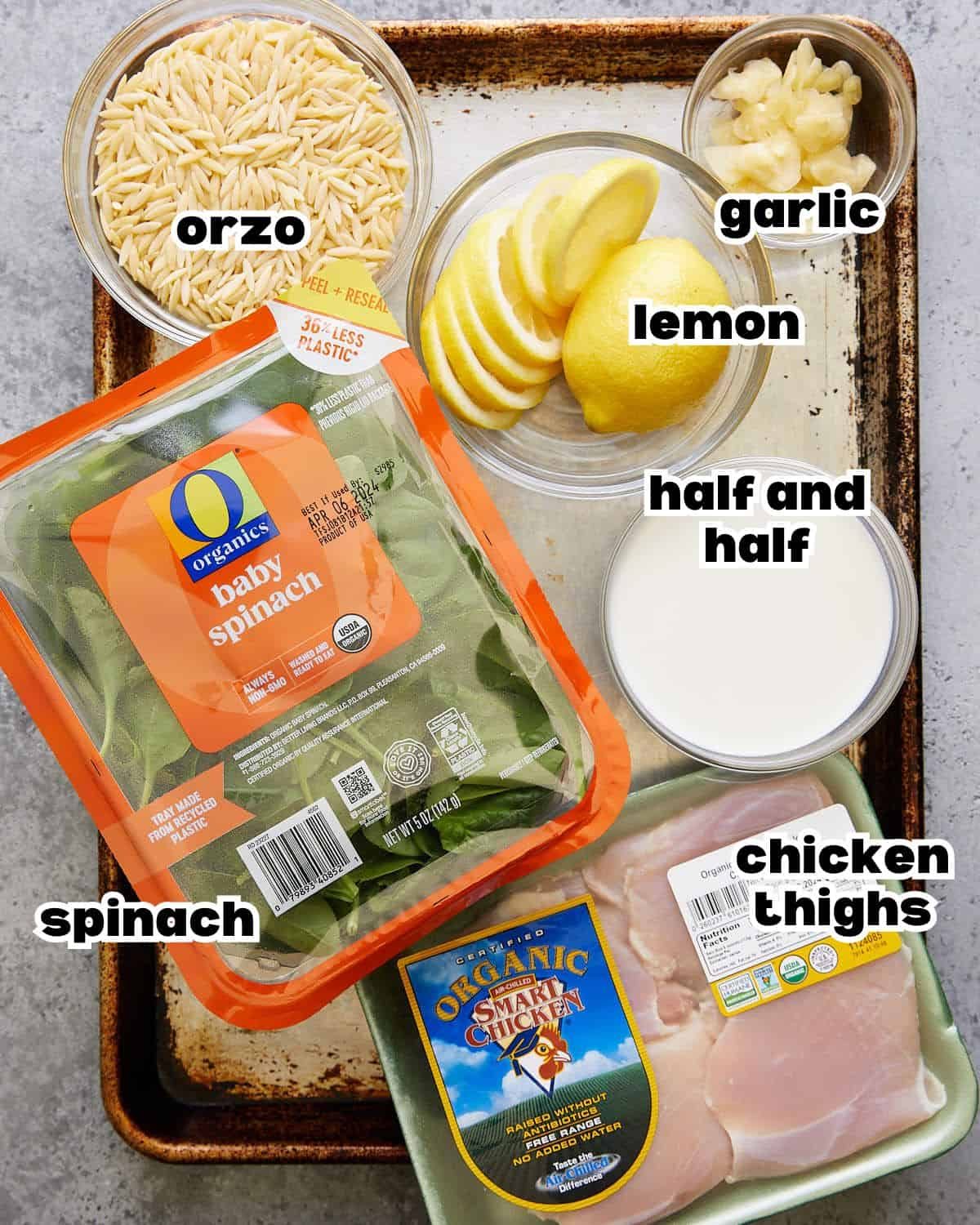 Overhead image of ingredients needed to make one pot lemon chicken with orzo.