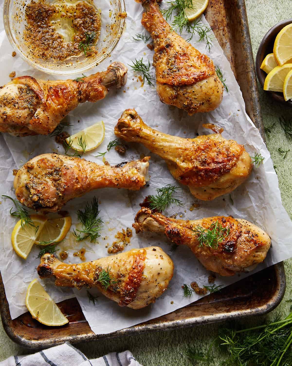 Overhead image of lemon pepper chicken drumsticks.