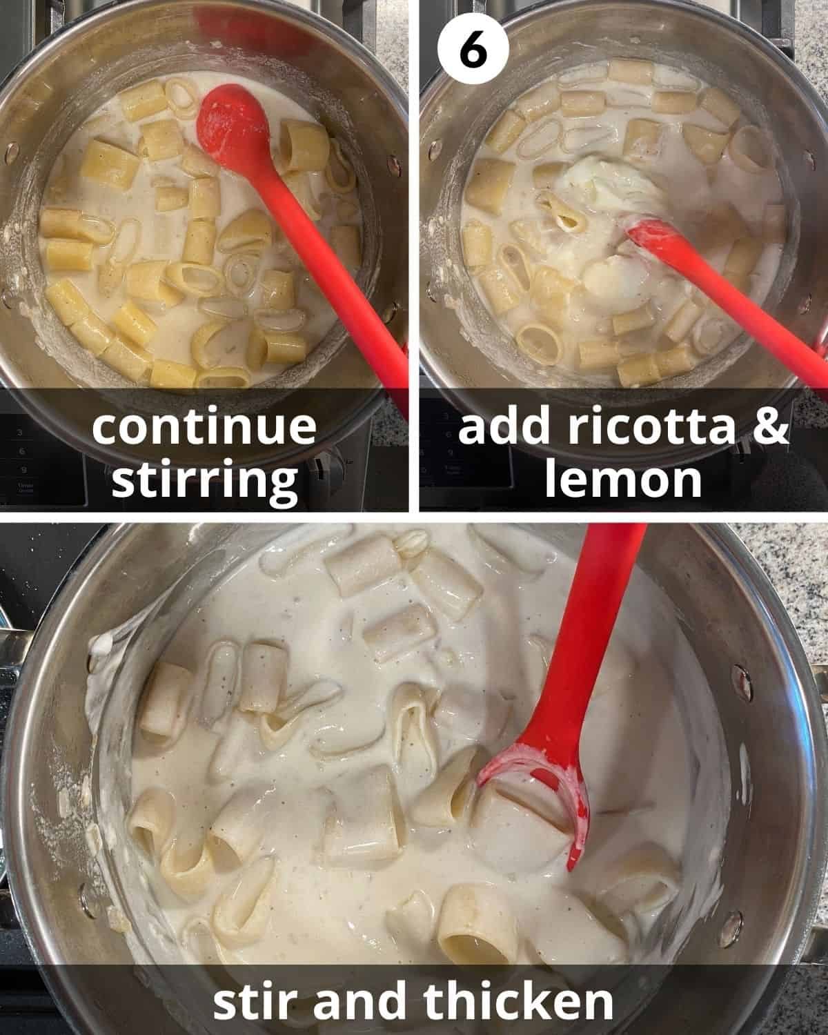 3 photos. Pasta being stirred more. Ricotta added in. Finished pasta standing.