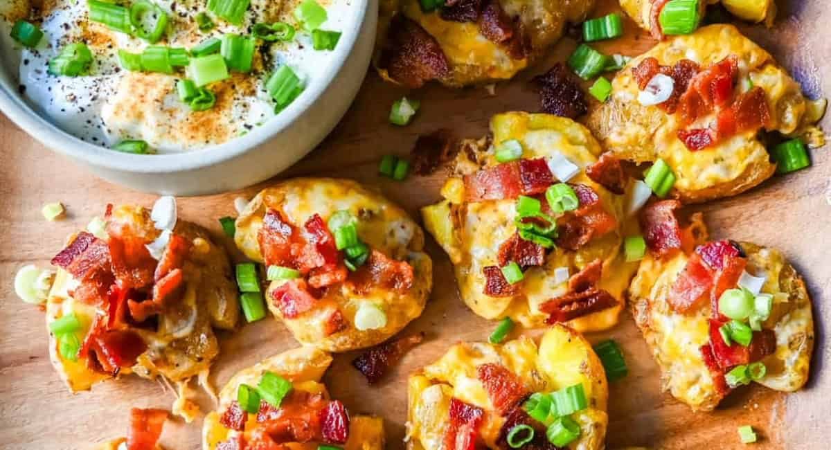 Overhead image of loaded bacon cheddar smashed potatoes.