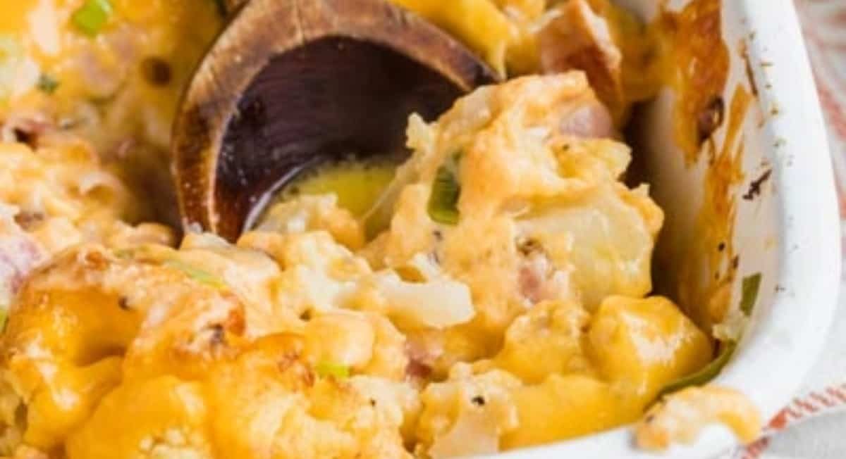 Up close image of loaded cauliflower casserole.