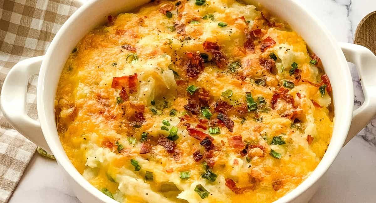 Overhead image of instant pot loaded potato casserole.
