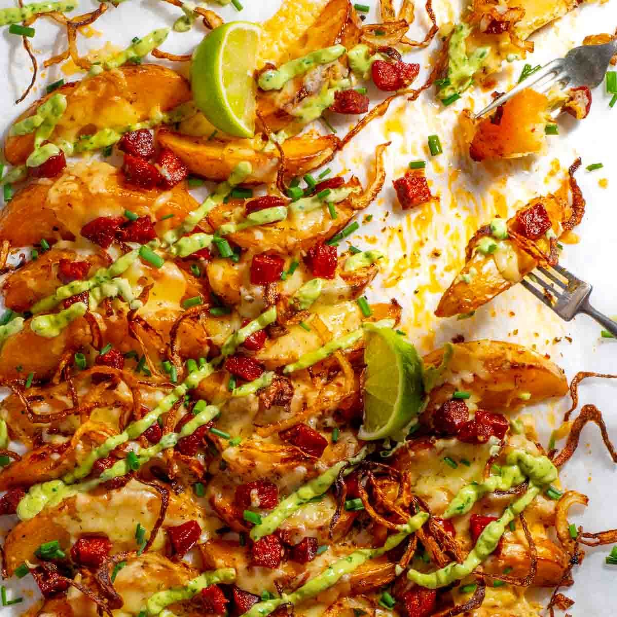 Loaded Wedges with Chorizo and Avocado Sauce