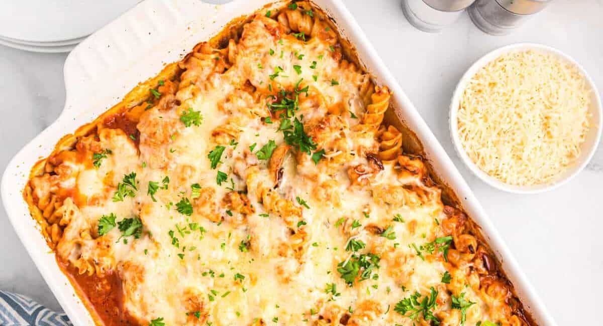 Overhead image of baked chicken tarragon pasta.