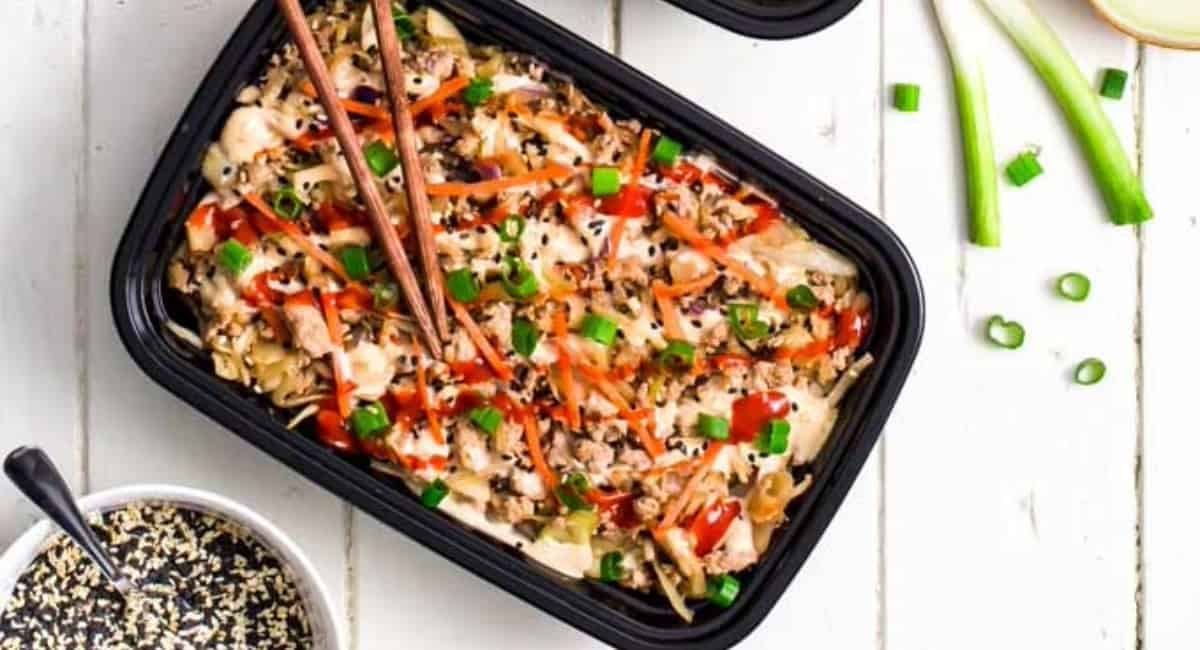 Overhead image of egg roll in a bowl recipe.