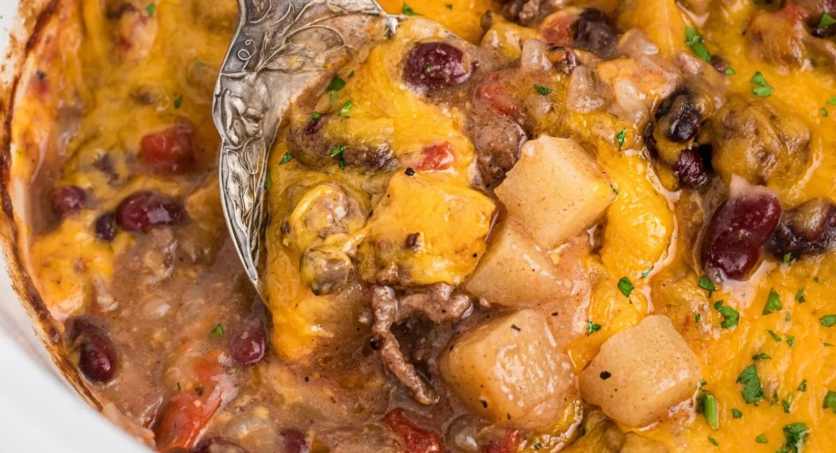 Overhead image of slow cooker lumberjack casserole.