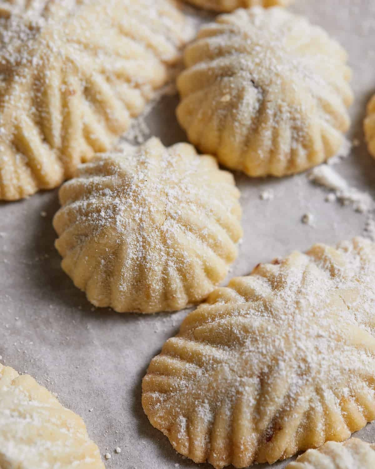 Up close image of maamoul cookies on baking sheet.