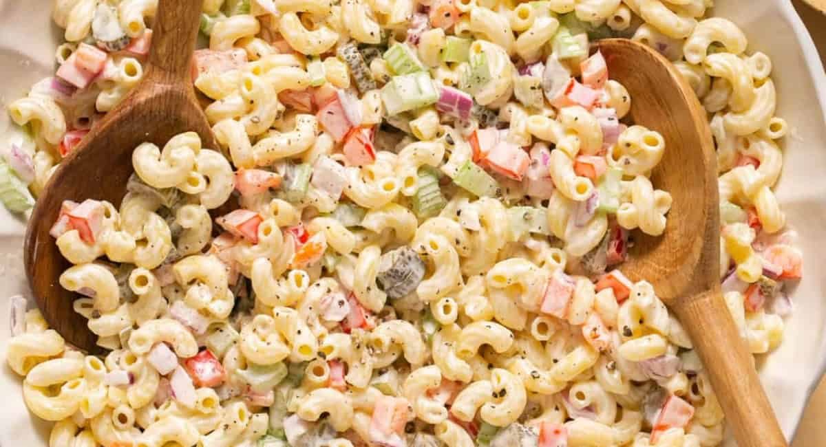 Overhead image of macaroni salad.