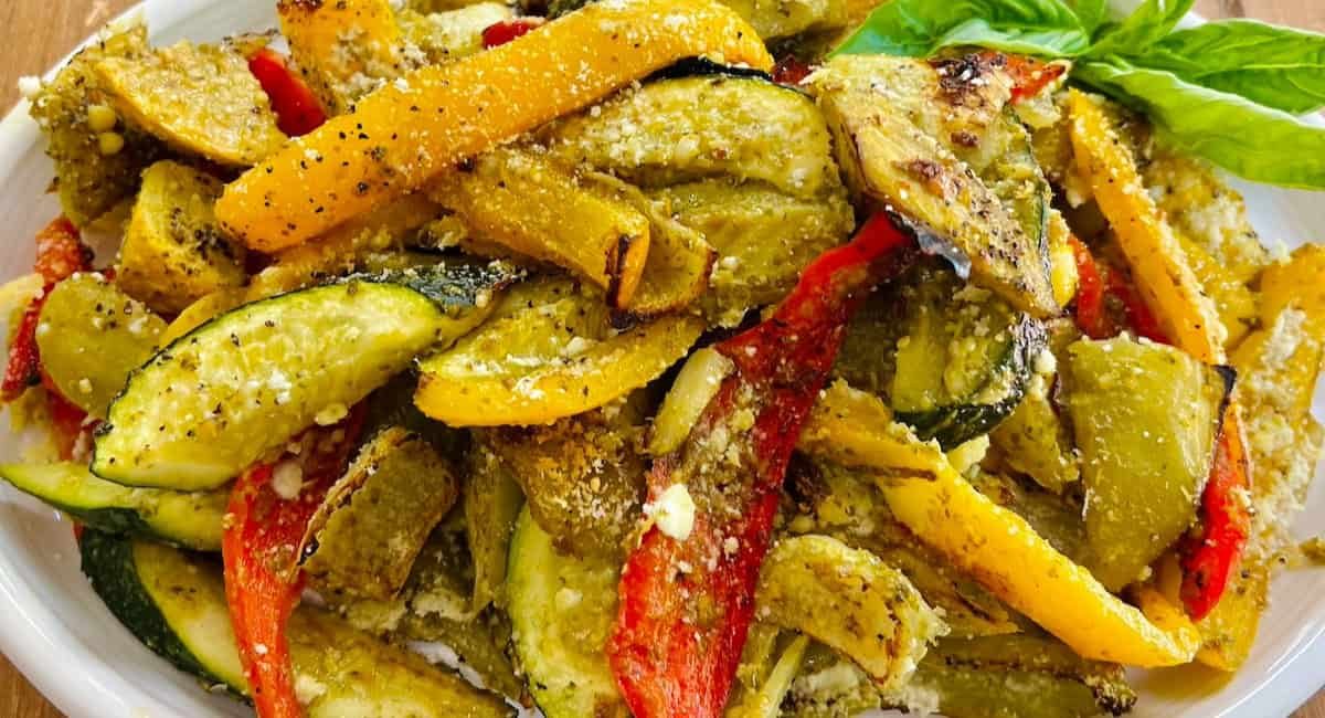 Overehead image of pesto roasted vegetables.
