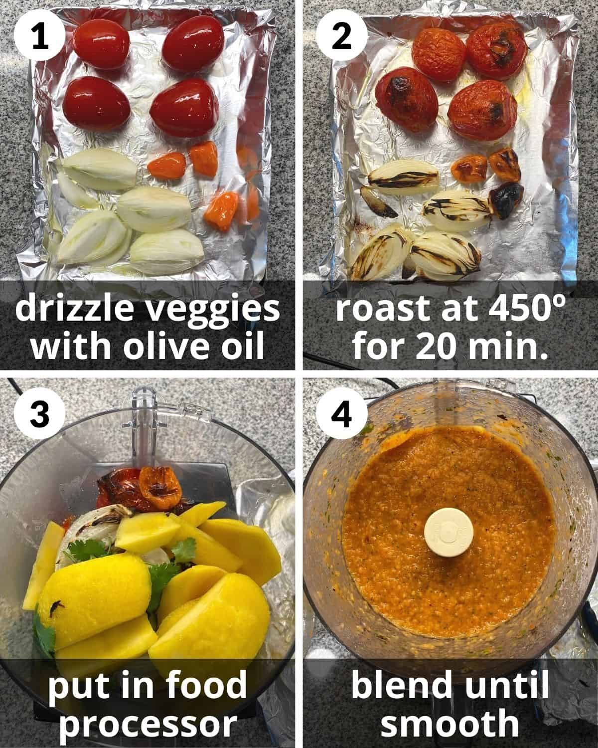 4 photos. Veggies on pan. Veggies roasted with black spots. Salsa in food processor.