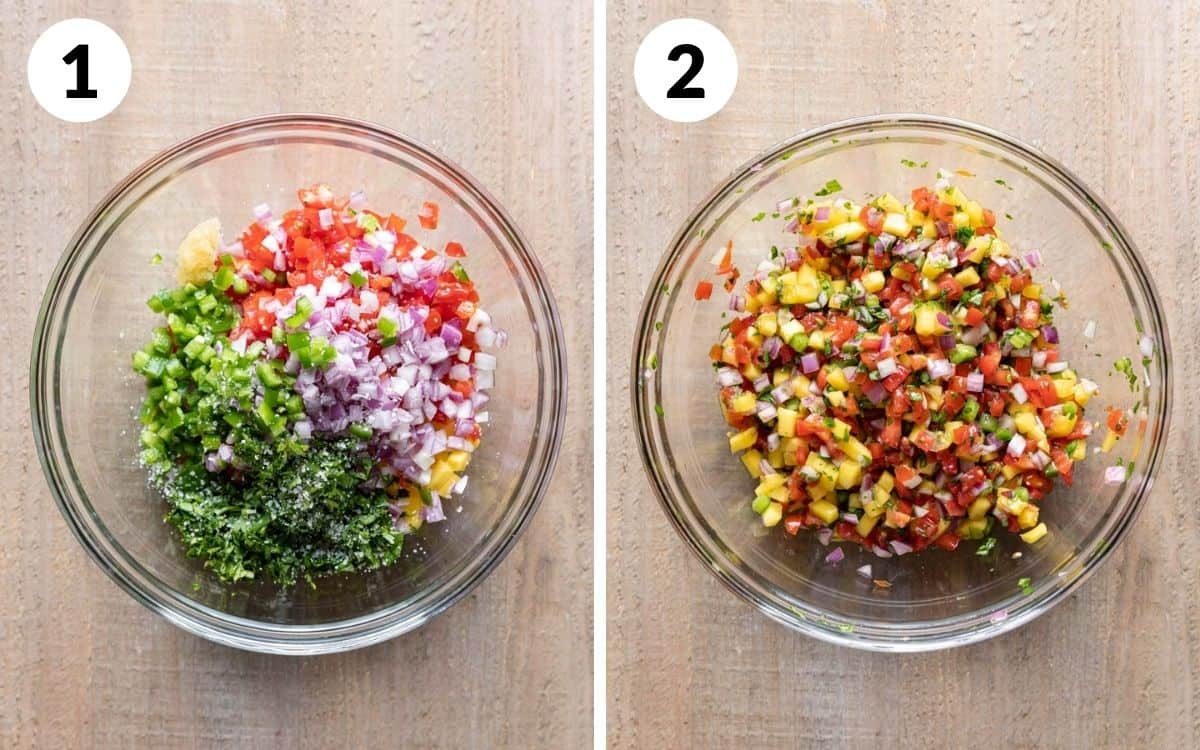 steps 1 & 2 all of the ingredients for the mango pico de gallo in a bowl ingredients tossed together