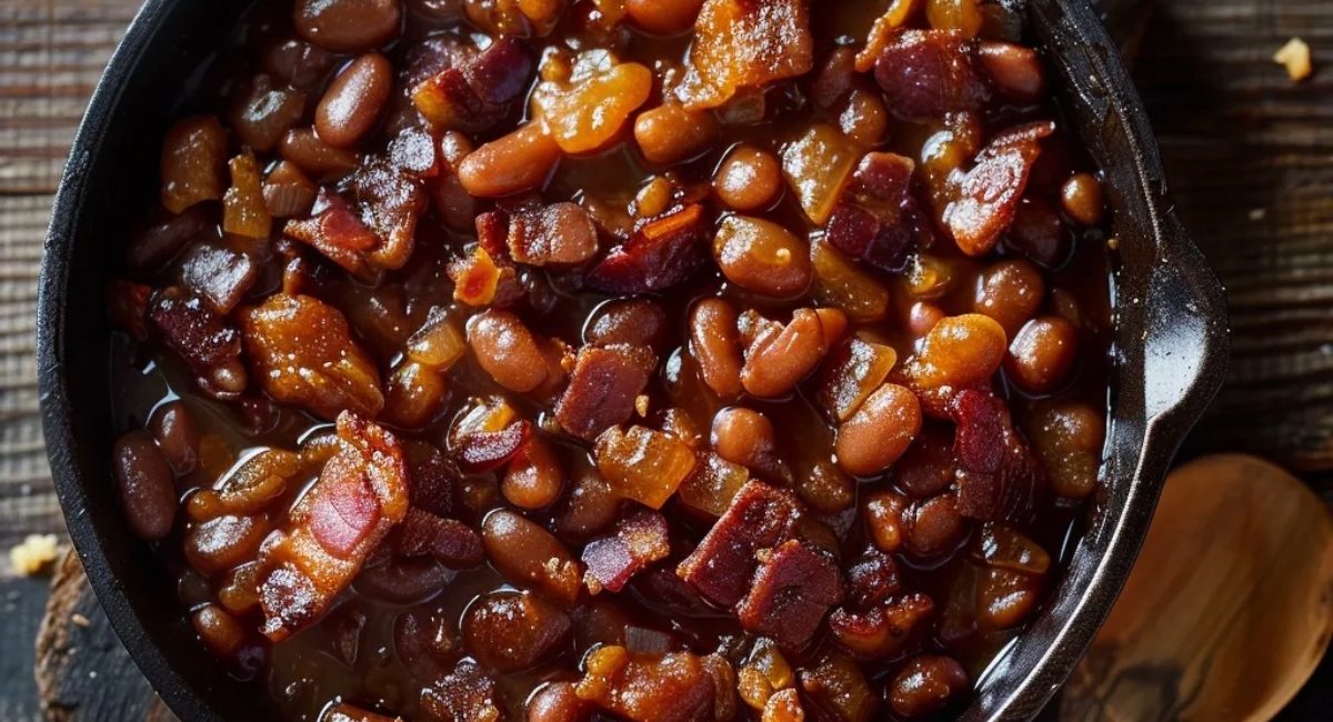 Overhead image of maple & bourbon baked beans.