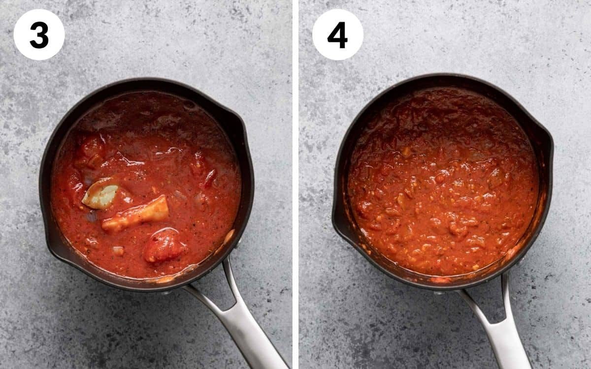 steps 3 & 4 sauce before simmering sauce after reducing with bay leaf and rind removed