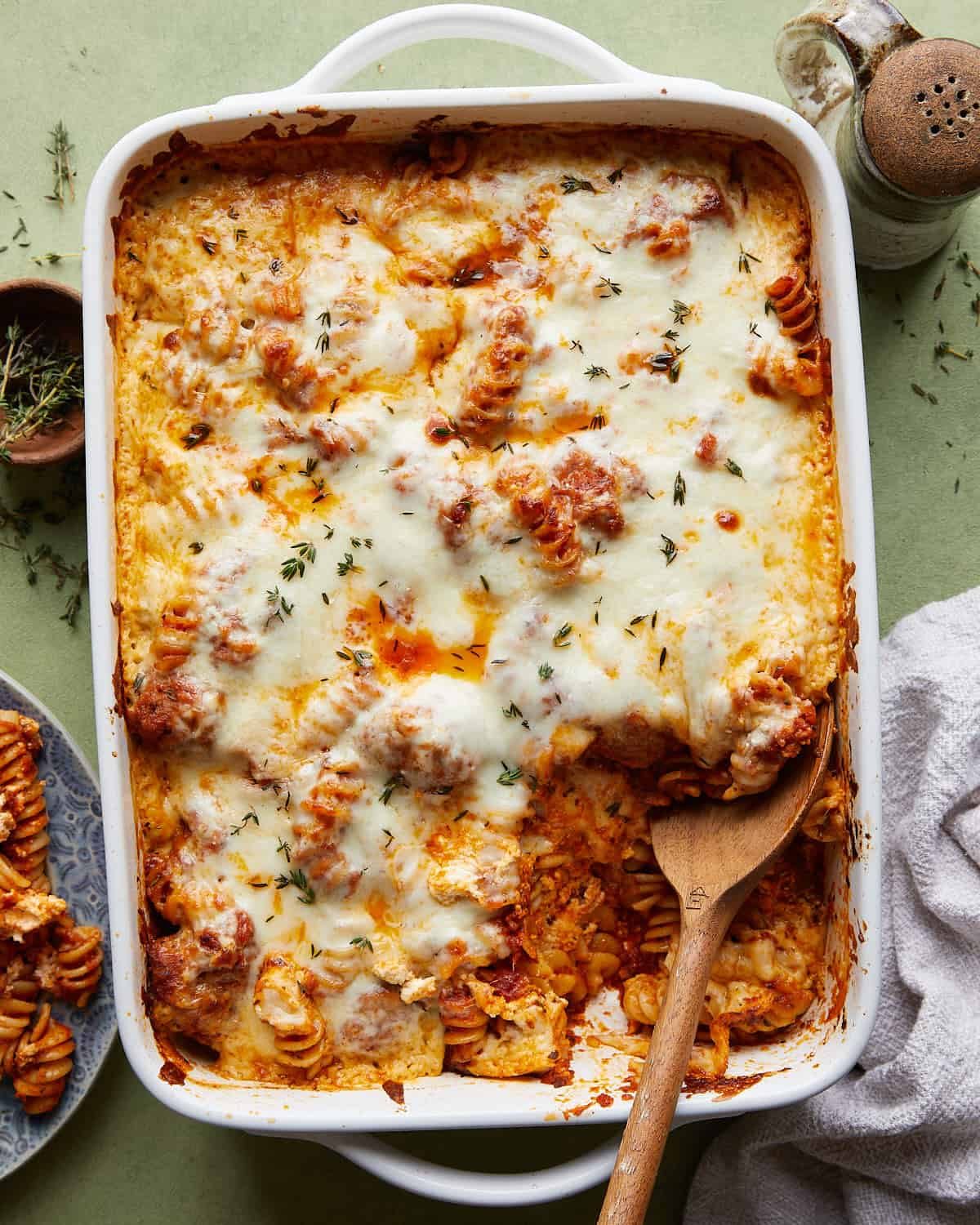 Overhead image of meatball pasta bake.