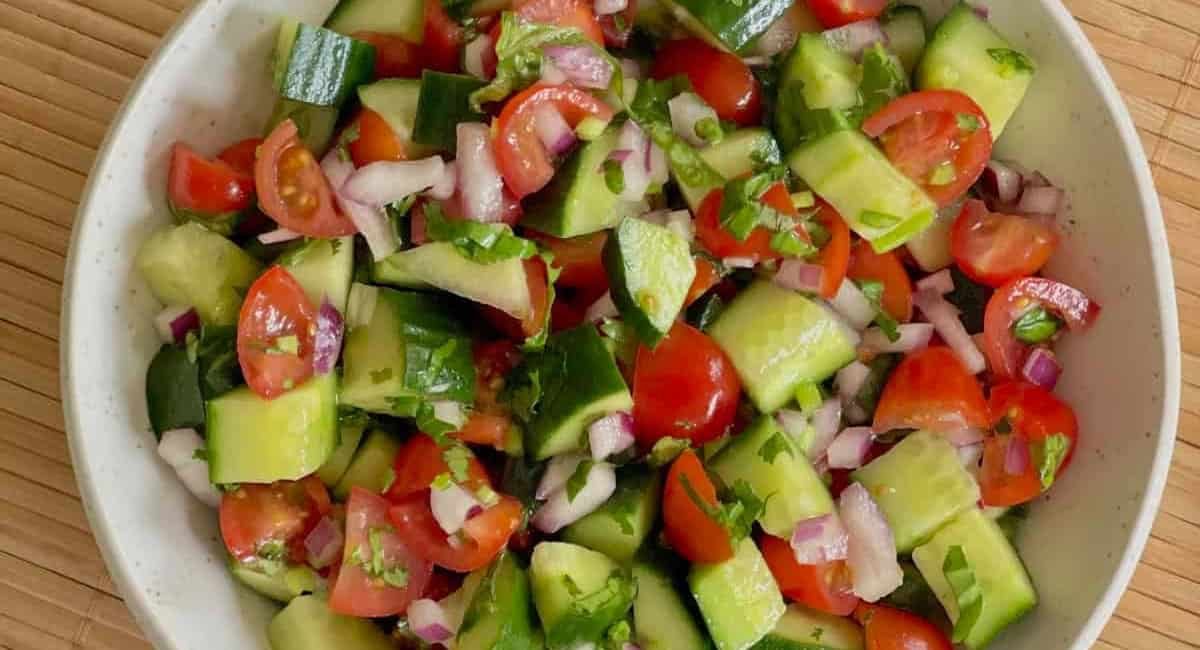 Overhead image of Mediterranean cucumber tomato salad.