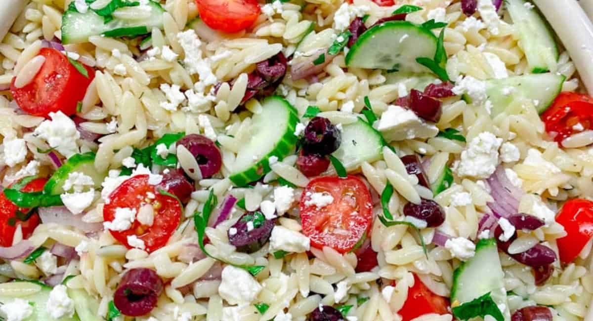 Overhead image of mediterranean orzo salad.