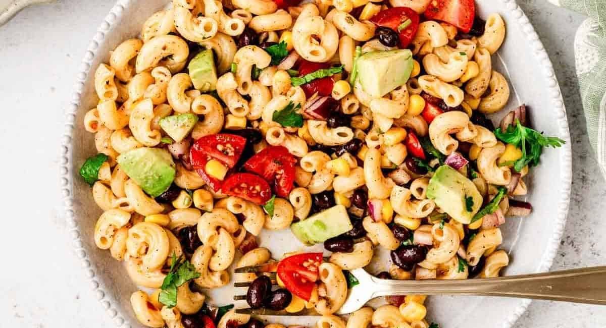 Overhead image of Mexican macaroni salad with corn.