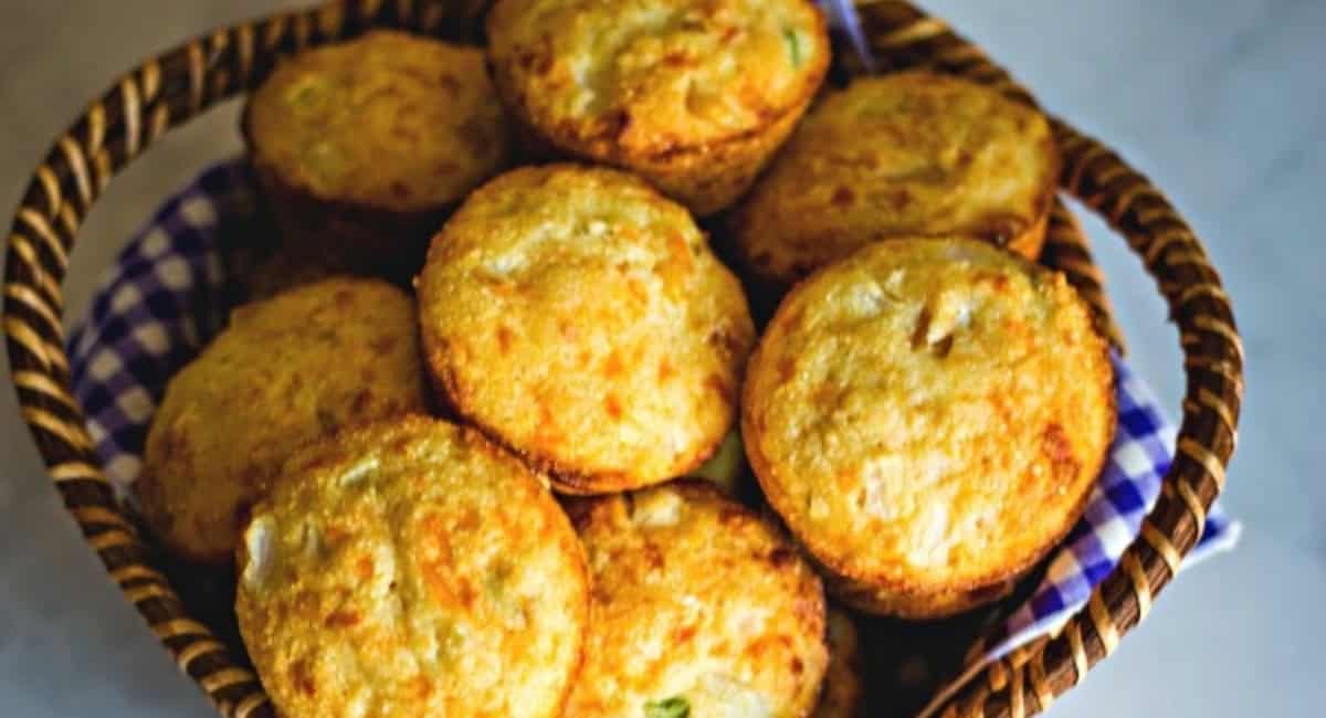 Overhead image of Mexican cornbread muffins in basket.