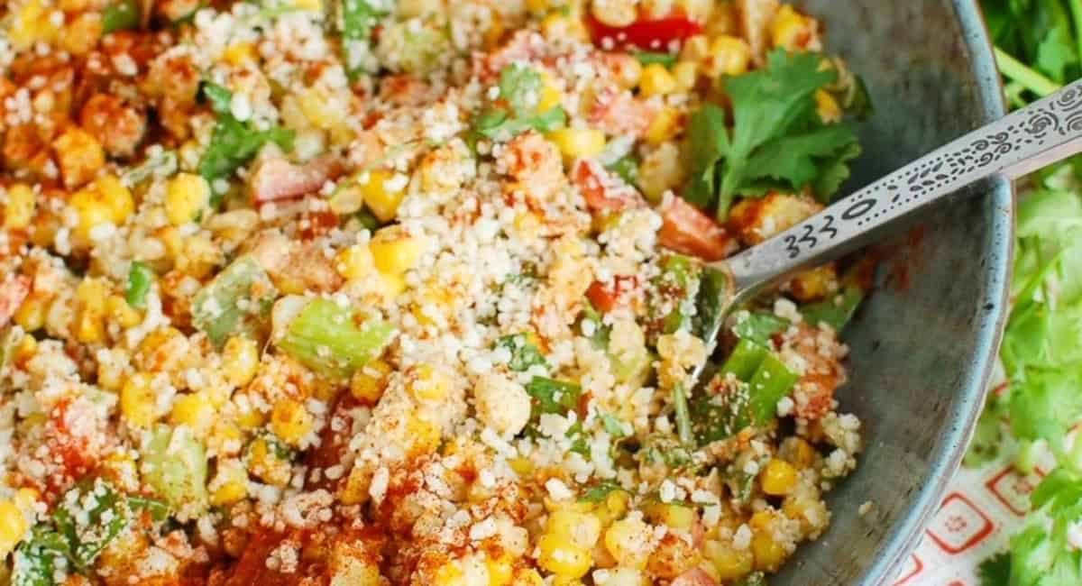 Overhead image of Mexican street corn salad with garnish.