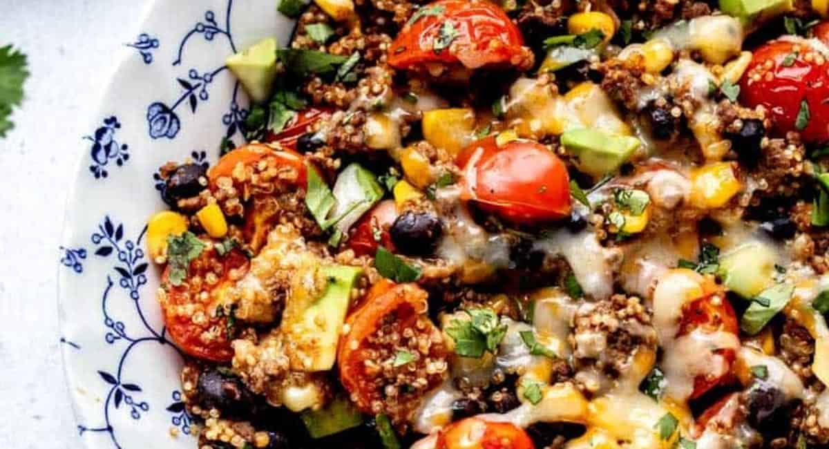 Overhead image of Mexican ground beef and quinoa taco bowls.