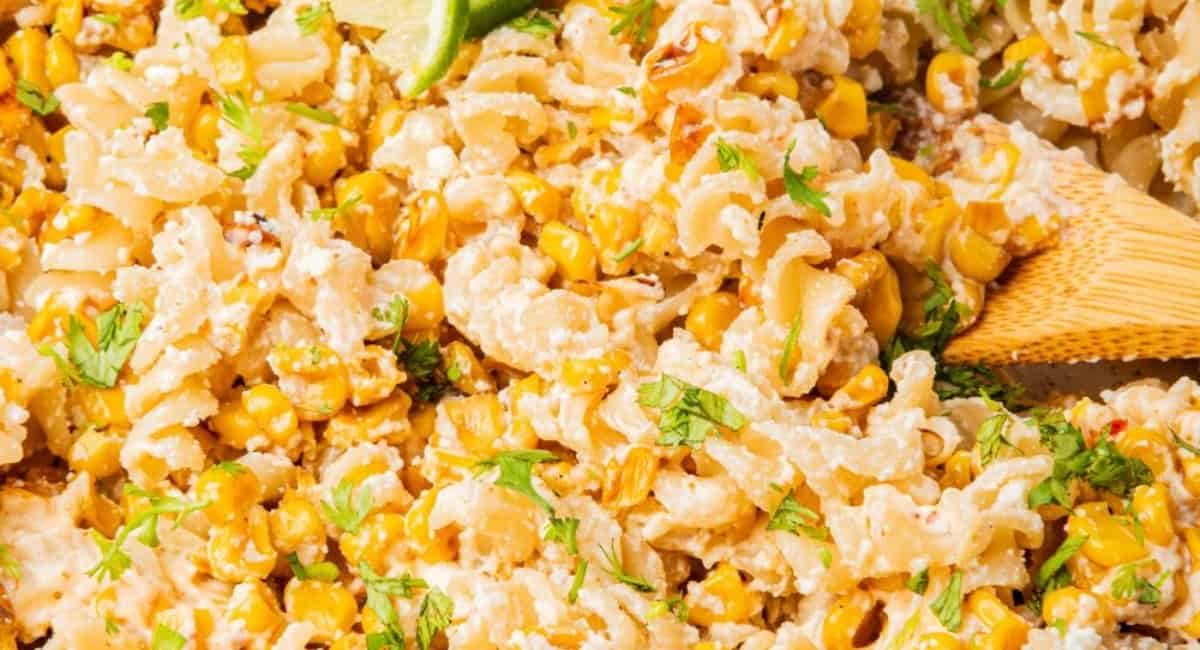 Overhead image of Mexican street corn pasta salad.