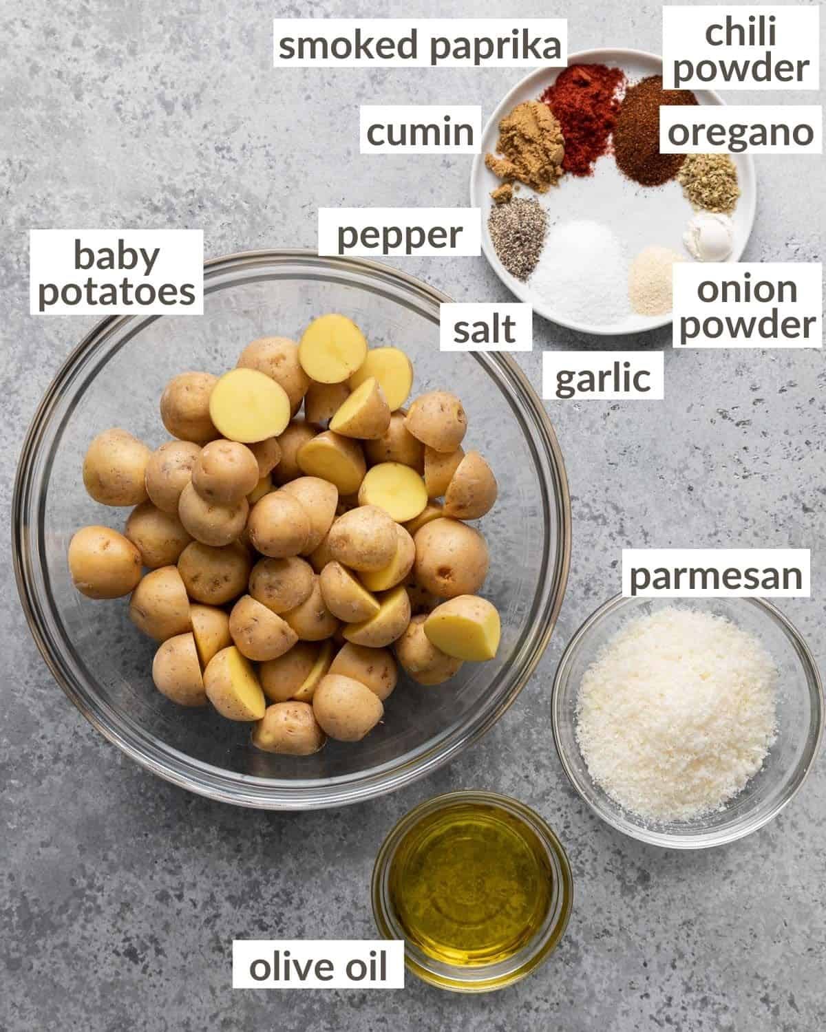 Overhead image of ingredients needed to make roasted Mexican potatoes recipe