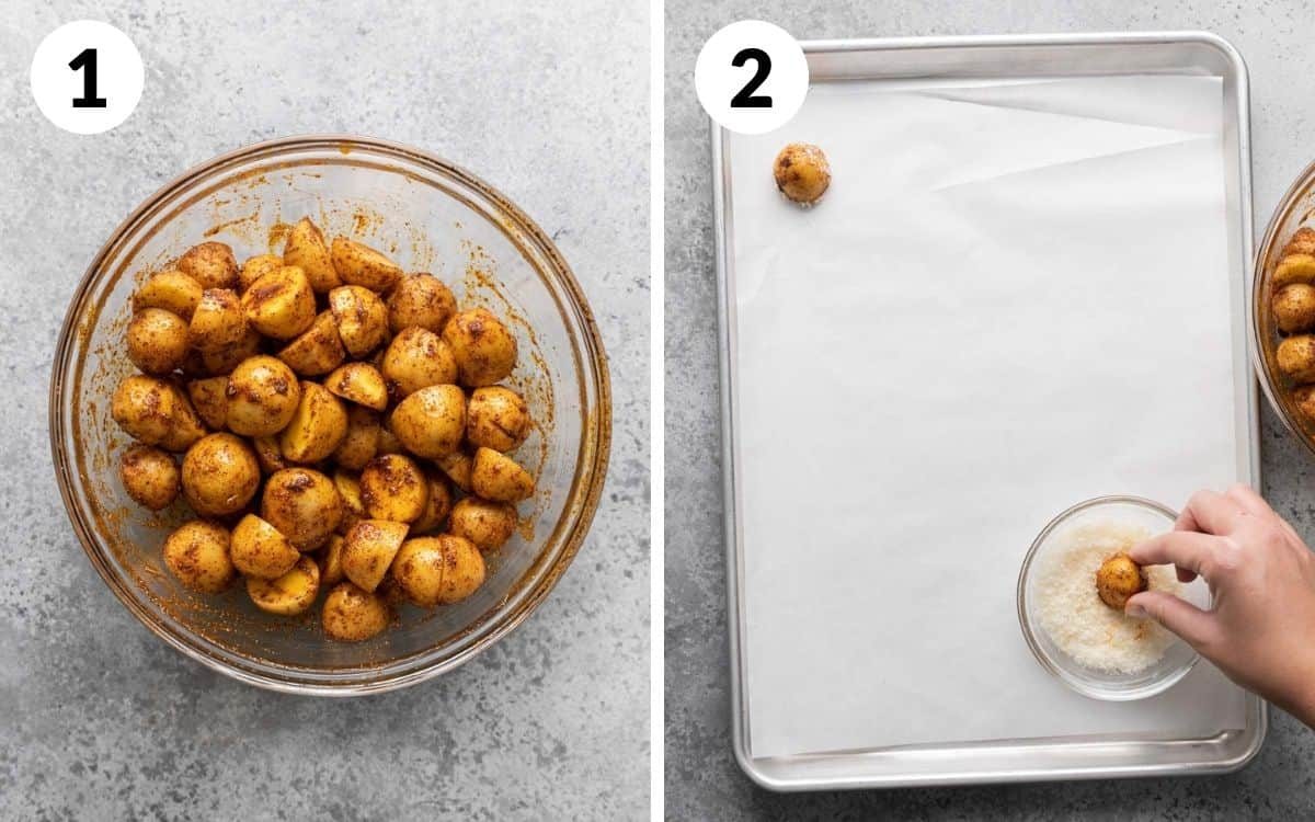 A two photo collage showing beginning steps for roasted Mexican potatoes recipe.