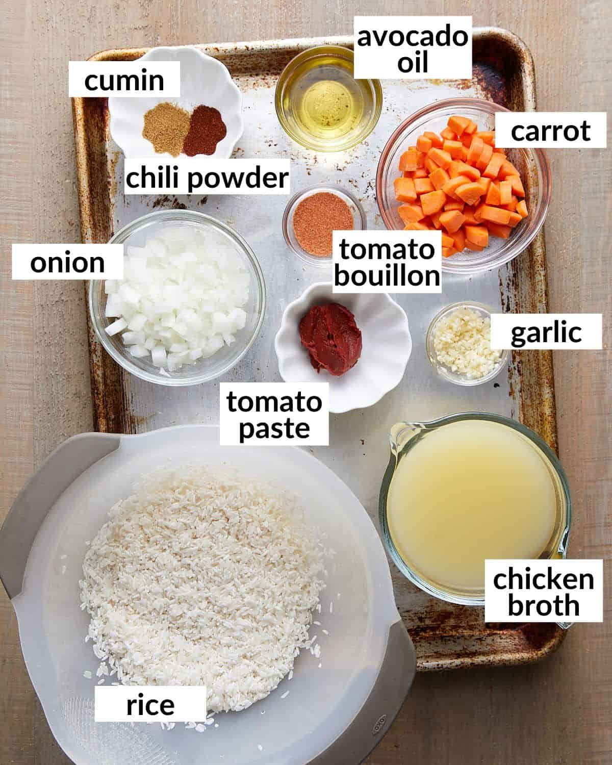 Overhead image of ingredients needed to make Mexican rice.
