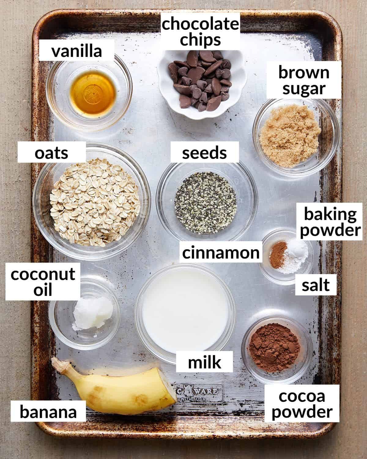 Overhead image of ingredients needed for microwave baked oats.