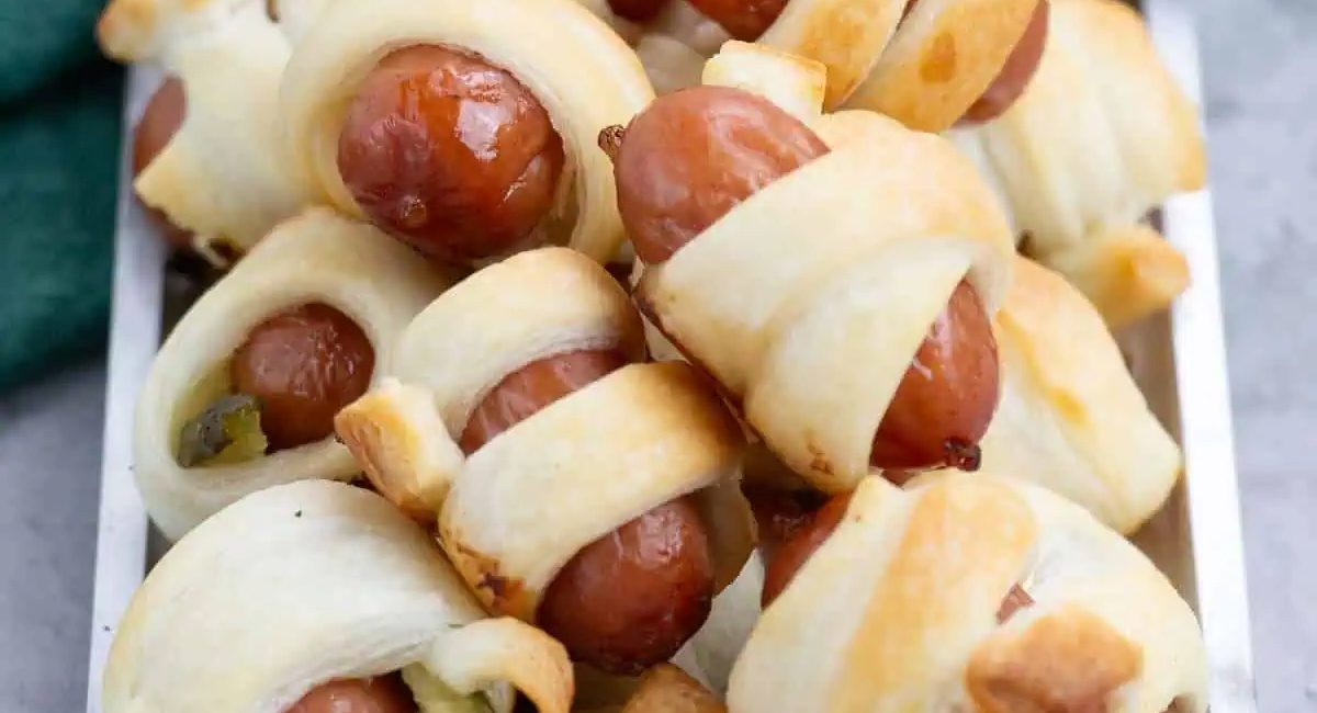 Overhead image of mini hot dogs recipe with puff pastry.