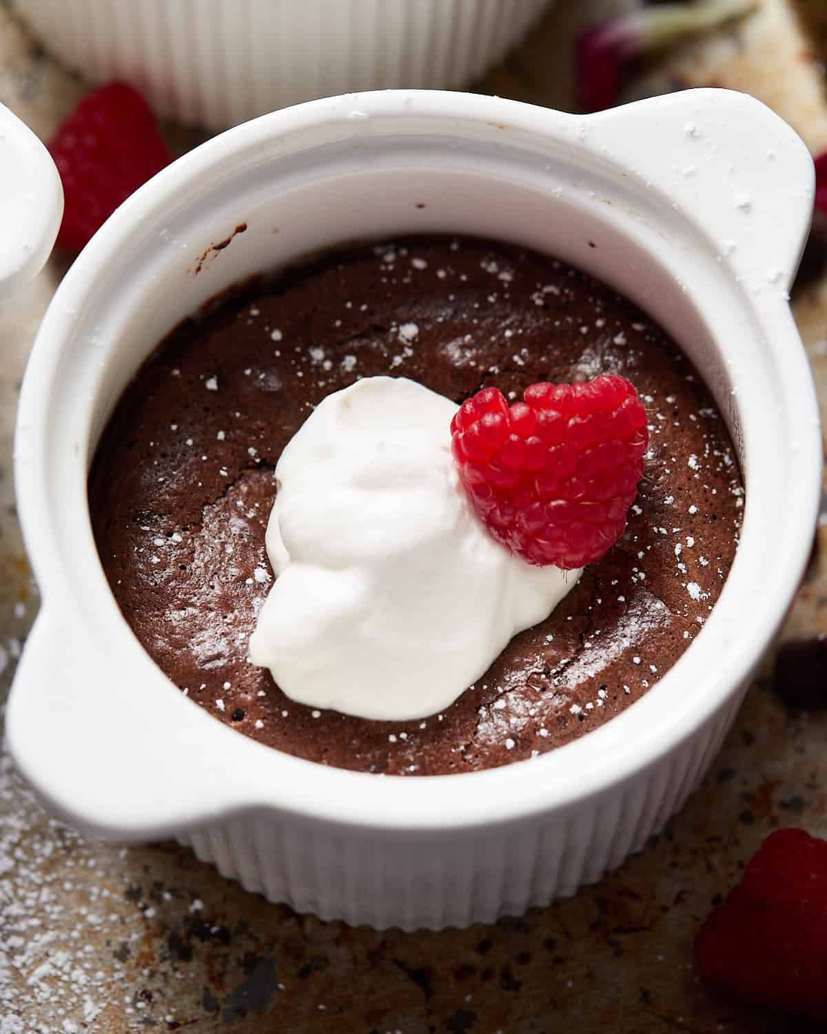 Up close image of mini flourless chocolate cake with garnish.