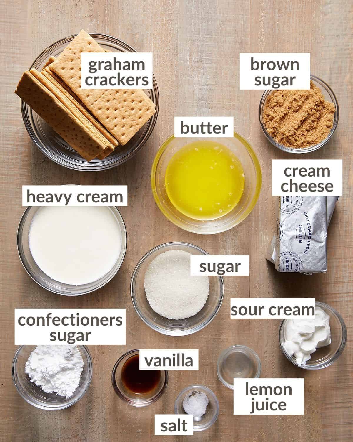 Ingredients needed to make mini no bake cheesecakes.
