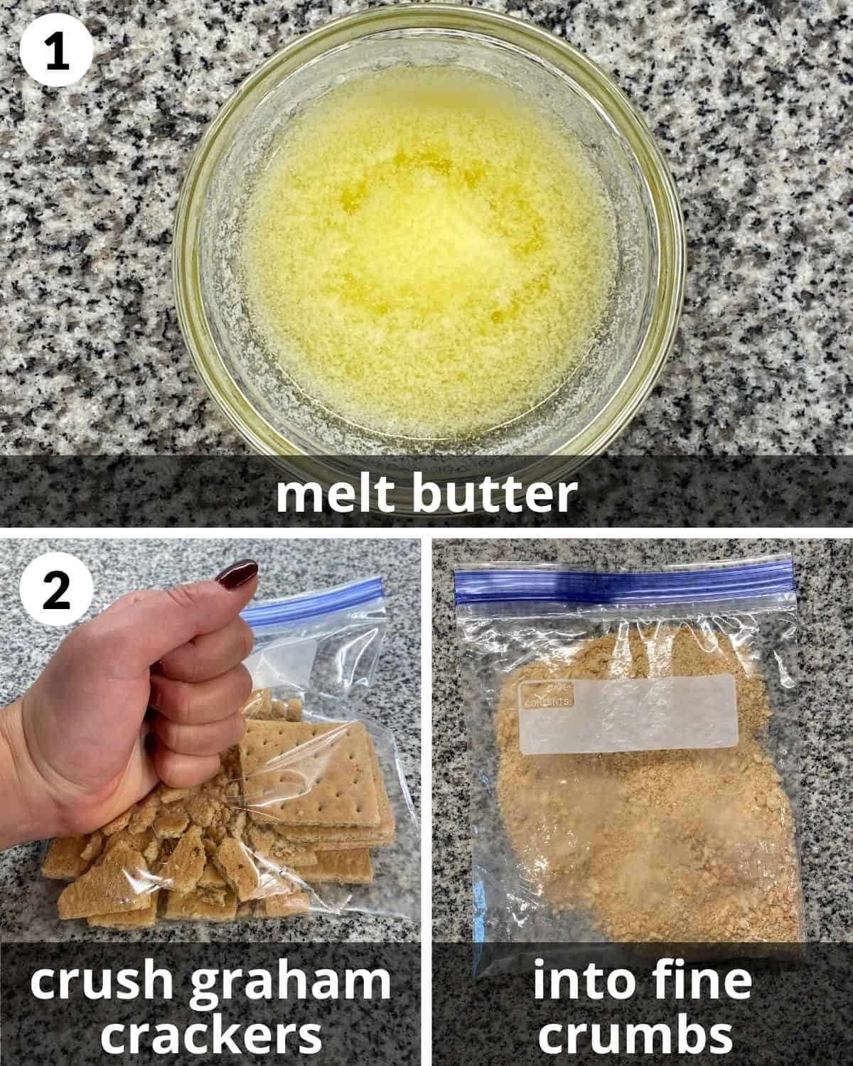 A 3 image collage showing the first two steps to making mini s'mores pies.