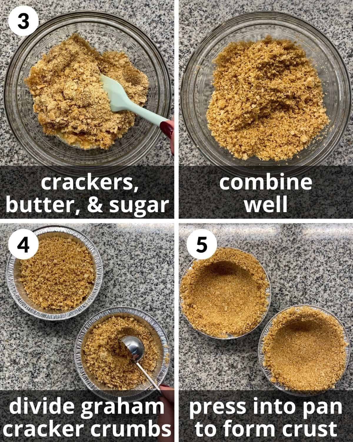 A four photo collage showing steps 3, 4 and 5 to make s'mores mini pies.
