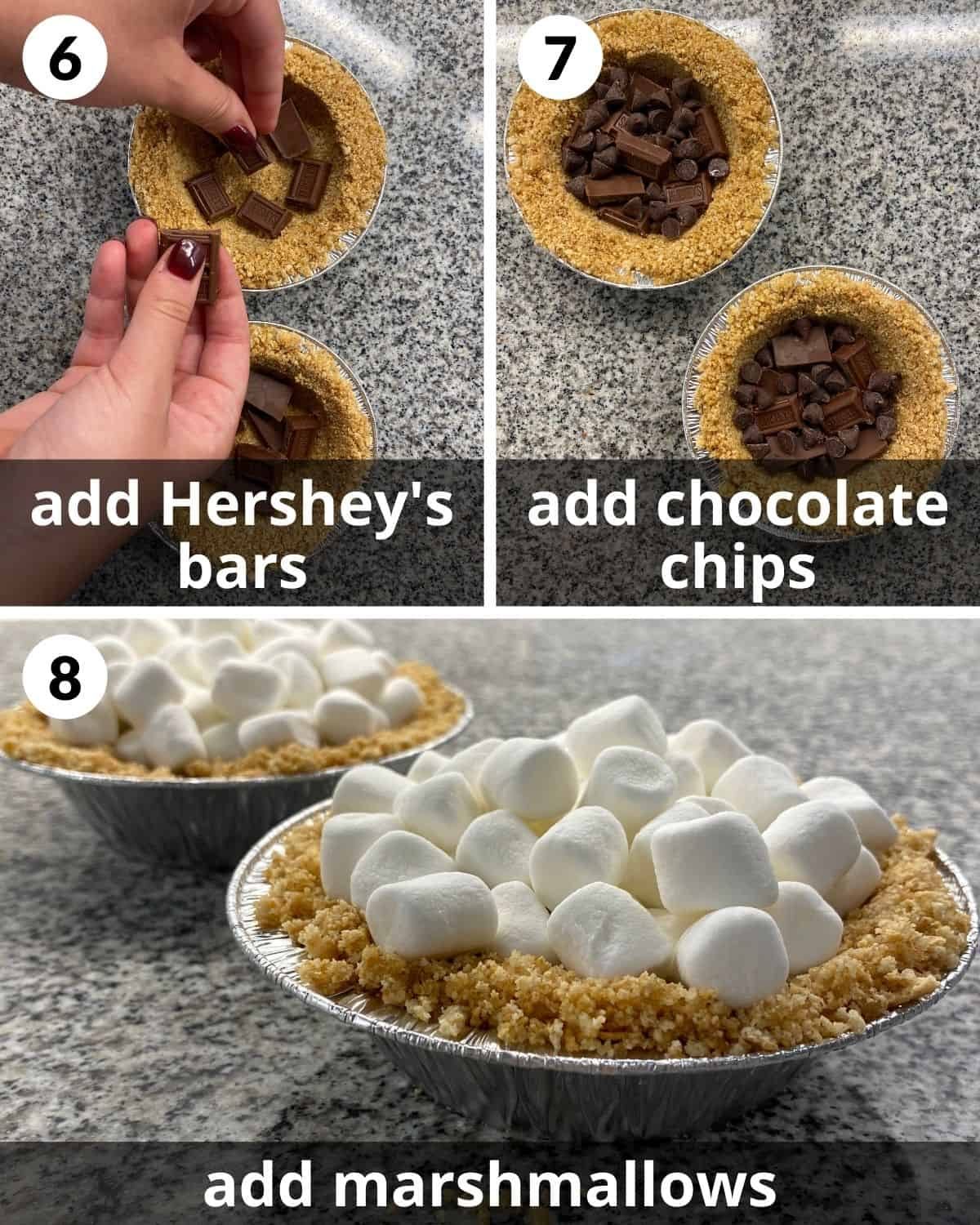 A 3 photo collage showing steps 6, 7 and 8 to making s'mores mini pies.